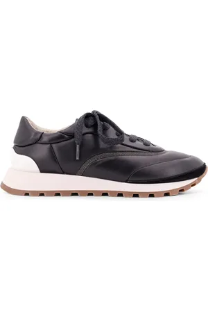 Brunello Cucinelli Buty, Kobieta, Czarny, 36 EU, Skóra, Skórzane sneakersy z ozdobnym paskiem