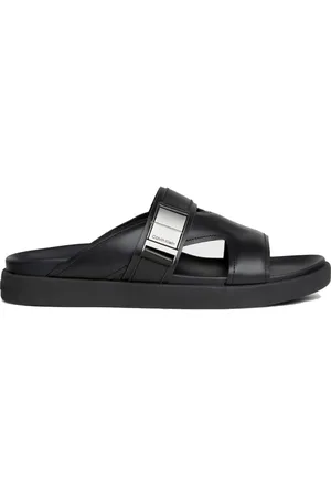 Calvin Klein Buty, Mężczyzna, Czarny, 42 EU, Skóra, Kultowe Czarne Klapki z Plakietką