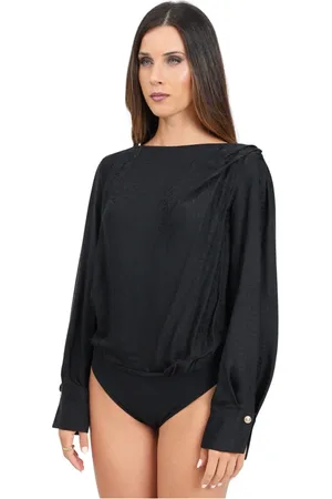 Elisabetta Franchi Koszulki, Kobieta, Czarny, S, Czarna bluzka body z żakardu z długim rękawem