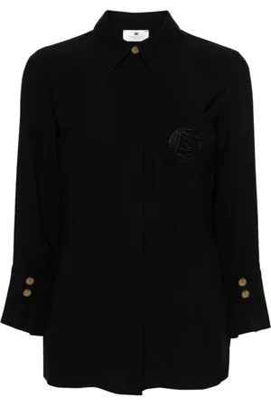 Elisabetta Franchi Bluzki, Kobieta, Czarny, XL, Czarna koszula z wiskozy z haftowanym logo