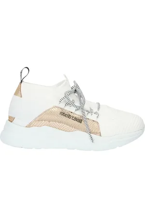Roberto Cavalli Buty, Kobieta, Biały, 41 EU, Wsuwane sneakersy z efektem skóry węża i sznurowadłami