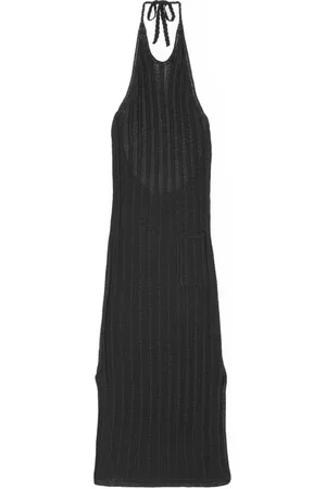 Ganni Sukienki, Kobieta, Czarny, S, Nylon, Prążkowana Sukienka Midi z Dzianiny z Dekoltem typu Halter