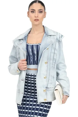 Elisabetta Franchi Kurtki, Kobieta, Niebieski, M, Bawełna, Niebieska kurtka jeansowa oversize z plisowanymi detalami