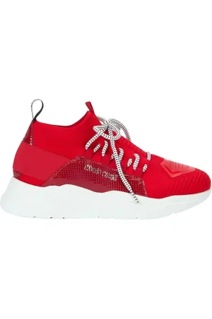 Roberto Cavalli Buty, Kobieta, Czerwony, 38 EU, Wsuwane sneakersy z efektem skóry węża i sznurowadłami
