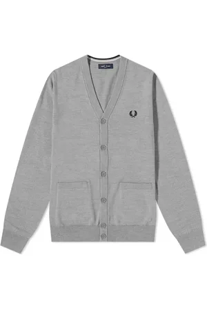 Fred Perry Swetry, Mężczyzna, Szary, L, Bawełna, Klasyczny Kardigan z Mieszanki Bawełny Merino