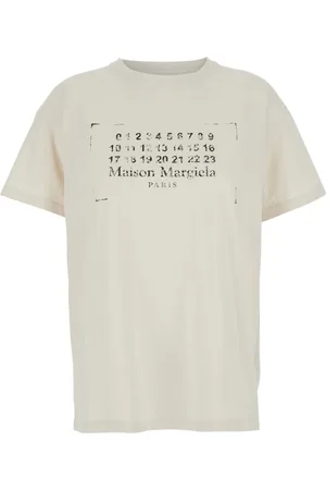 Maison Margiela Koszulki, Kobieta, Beżowy, L, Bawełna, Bawełniany T-shirt z Nadrukiem Logo