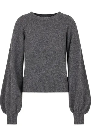 Emporio Armani Swetry, Kobieta, Szary, M, Wełna, Prążkowany Sweter z Okrągłym Dekoltem i Długimi Bufiastymi Rękawami