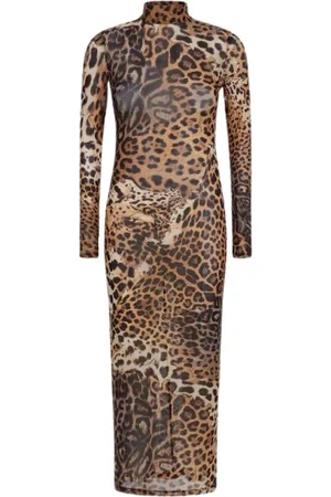 Roberto Cavalli Sukienki, Kobieta, brązowy, XL, Tiul, Długa Sukienka z Tiulu z Wzorem Jaguara