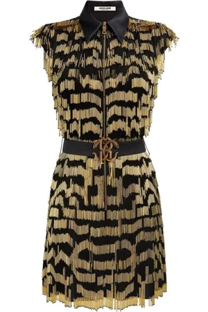 Roberto Cavalli Sukienki, Kobieta, Czarny, L, Sukienka Mirror Snake z frędzlami z koralików