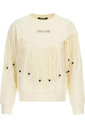 Roberto Cavalli Bluzy, Kobieta, Beżowy, M, Bluza z frędzlami Iworyjska Damska Wyprodukowana we Włoszech