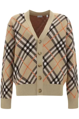 Burberry Swetry, Mężczyzna, Beżowy, L, Wełna, Kardigan z dekoltem w serek w kultową kratę