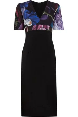 Roberto Cavalli Sukienki, Kobieta, Czarny, L, Sukienka w kwiaty z dekoltem w serek