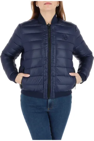 Moschino Kurtki, Kobieta, Niebieski, L, Poliester, Kurtka z nadrukiem zapinana na zamek