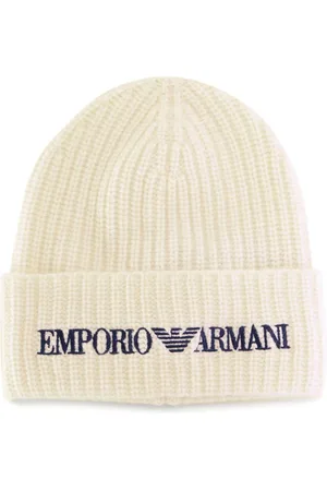 Emporio Armani Akcesoria, Mężczyzna, Biały, M, Wełna, Wełniana Czapka Beanie z Niebieskim Logo