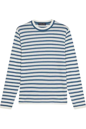 Brooks Brothers Koszulki, Mężczyzna, Niebieski, S, Bawełna, Jasnoniebieski sweter z okrągłym dekoltem w paski