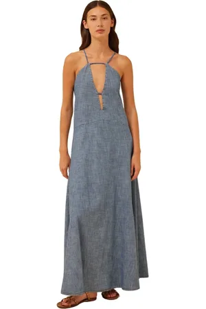 SEMICOUTURE Sukienki, Kobieta, Szary, S, Sukienka Maxi Chambray z odkrytymi plecami