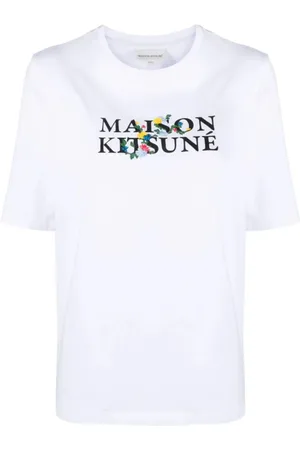 Maison Kitsuné Koszulki, Kobieta, Biały, M, Bawełna, Koszulka z Nadrukiem Kwiatów i Klasycznym Logo