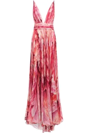 Roberto Cavalli Sukienki, Kobieta, Różowy, S, Długa sukienka z nadrukiem piór Włochy