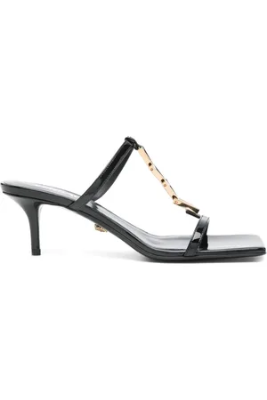VERSACE Buty, Kobieta, Czarny, 36 EU, Czarne skórzane sandały na średnim obcasie