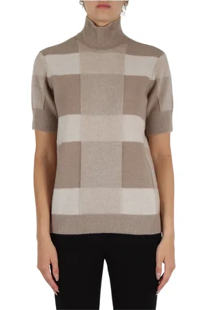 Emporio Armani Swetry, Kobieta, Beżowy, M, Kaszmir, Wełniany sweter z golfem w kratę z kaszmirem