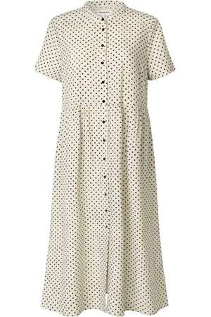 Lollys Laundry Sukienki, Kobieta, Beżowy, M, Bawełna, Elegancka sukienka midi z krótkim rękawem