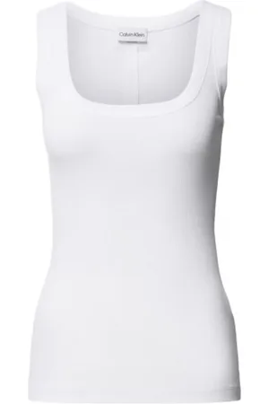 Calvin Klein Koszulki, Kobieta, Biały, L, Bawełna, Prążkowany bawełniany top na ramiączkach