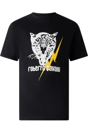 Roberto Cavalli Koszulki, Mężczyzna, Czarny, XL, Bawełniana koszulka z błyskawicą i jaguarem