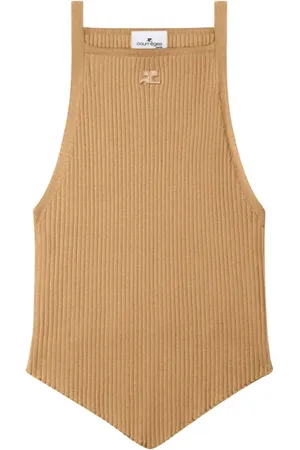 Courrèges Koszulki, Kobieta, Beżowy, L, Top bez rękawów z haftowanym logo