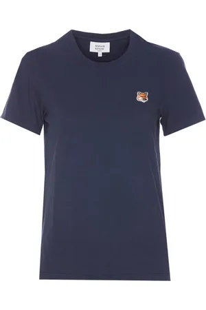 Maison Kitsuné Koszulki, Kobieta, Niebieski, S, Len, Fox Head Patch T-shirt Crewneck
