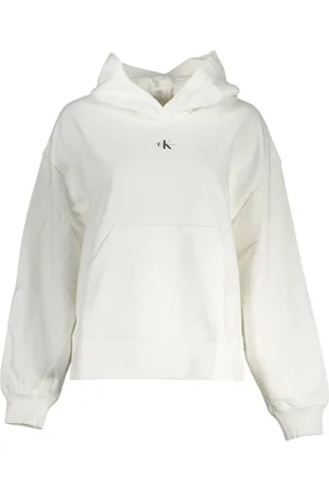 Calvin Klein Bluzy, Kobieta, Biały, M, Bawełna, Bawełniana bluza z kapturem i szczotkowanym wykończeniem z centralną kieszenią
