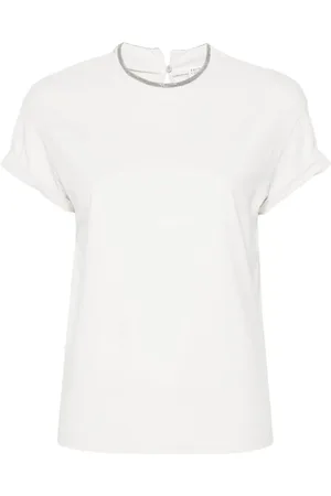 Brunello Cucinelli Koszulki, Kobieta, Biały, M, Bawełna, T-shirt z Okrągłym Dekoltem i Dżetami