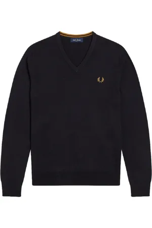 Fred Perry Swetry, Mężczyzna, Niebieski, L, Bawełna, Sweter z dekoltem w serek z wełny merino