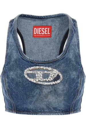 Diesel Koszulki, Kobieta, Niebieski, S, Denim, Denimowy crop top z ozdobną klamrą z klejnotami