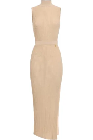 Elisabetta Franchi Sukienki, Kobieta, Beżowy, XS, Prążkowana sukienka midi z wiskozy i lureksu