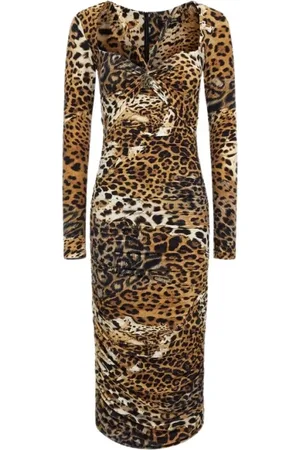 Roberto Cavalli Sukienki, Kobieta, brązowy, XL, Sukienka z nadrukiem jaguara jasnobrązowa kobieta
