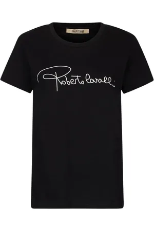 Roberto Cavalli Koszulki, Kobieta, Czarny, M, Bawełna, T-shirt z krótkim rękawem i napisem przy dekolcie