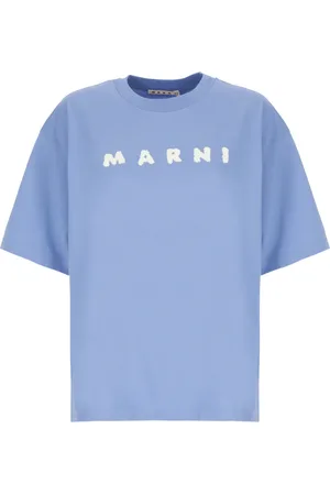 Marni Koszulki, Kobieta, Niebieski, XS, Bawełna, Bawełniany T-shirt z logo w formie szkicu