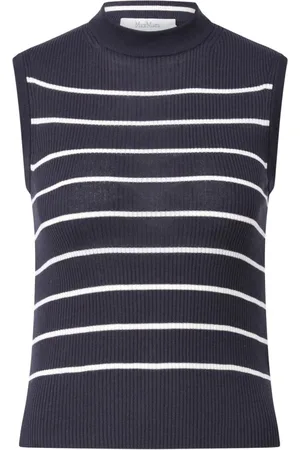 Max Mara Swetry, Kobieta, Niebieski, L, Elegancki prążkowany top z wysokim dekoltem