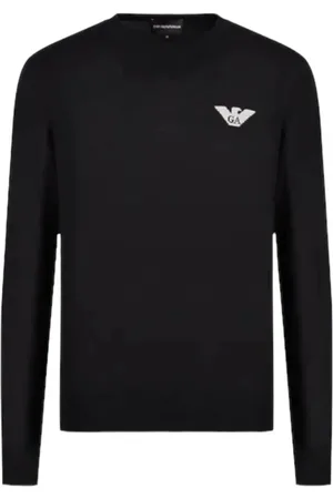 Emporio Armani Bluzy, Mężczyzna, Czarny, L, Wełna, Granatowy sweter wełniany z logo orła