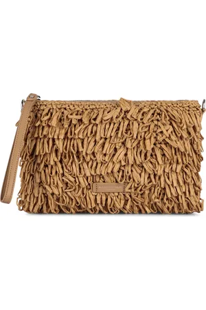 Gianni chiarini Torebki, Kobieta, Beżowy, ONE SIZE, Raffia Fringed Clutch z detalami skóry