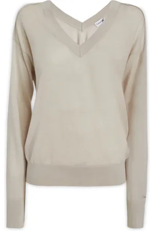Calvin Klein Swetry, Kobieta, Beżowy, S, Dzianina z dekoltem w serek