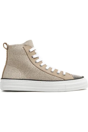 Brunello Cucinelli Buty, Kobieta, Beżowy, 39 EU, Poliester, Sneakersy z metalicznej dzianiny z aplikacją Monili