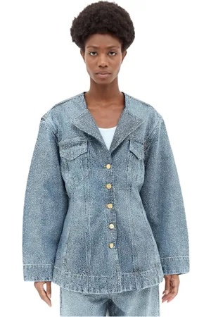 Ganni Kurtki, Kobieta, Niebieski, L, Denim, Denimowa marynarka z kryształkami