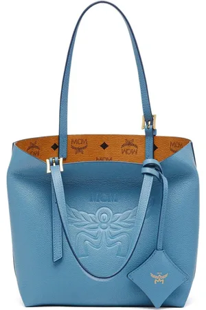 MCM Torebki, Kobieta, Niebieski, ONE SIZE, Skóra, Niebo Shopper z Skóry z Grawerem Logo