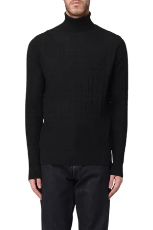 Emporio Armani Swetry, Mężczyzna, Czarny, M, Wełna, Wełniany golf z napisem Devoré