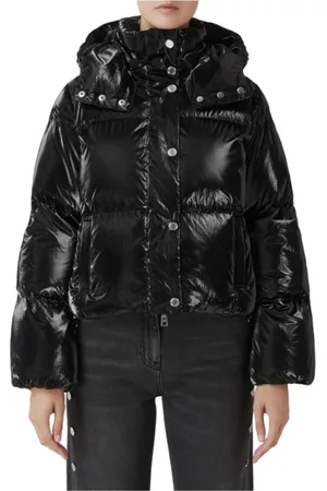 Elisabetta Franchi Kurtki, Kobieta, Czarny, L, Nylon, Czarna metaliczna krótka kurtka puchowa