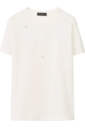 Fabiana Filippi Koszulki, Kobieta, Beżowy, S, Bawełna, T-shirt basic z krótkim rękawem i aplikacją z kamieni