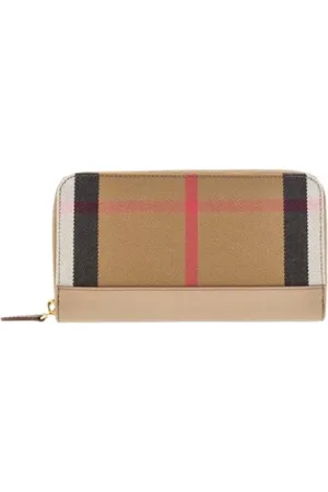 Burberry Akcesoria, Kobieta, Beżowy, ONE SIZE, Skóra, Beżowy portfel w kratę ze skóry z zamkiem błyskawicznym