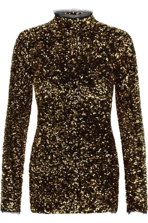 Roberto Cavalli Sukienki, Kobieta, Żółty, L, Poliester, Sukienka Mini z Cekinami i Wysokim Dekoltem