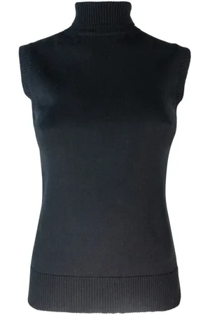 Sportmax Swetry, Kobieta, Czarny, L, Wełna, Prążkowany sweter bez rękawów z golfem